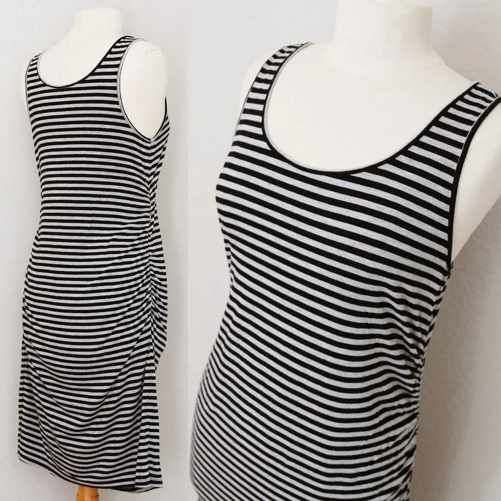 Liz Lange Maternity Gray Black Striped Ruched Gathered Sleeveless Midi Dress S - Picture 6 of 9